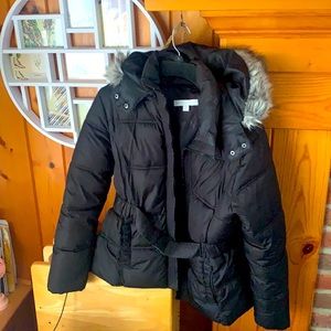 New York and company black puffer coat with belt and pockets and for hood